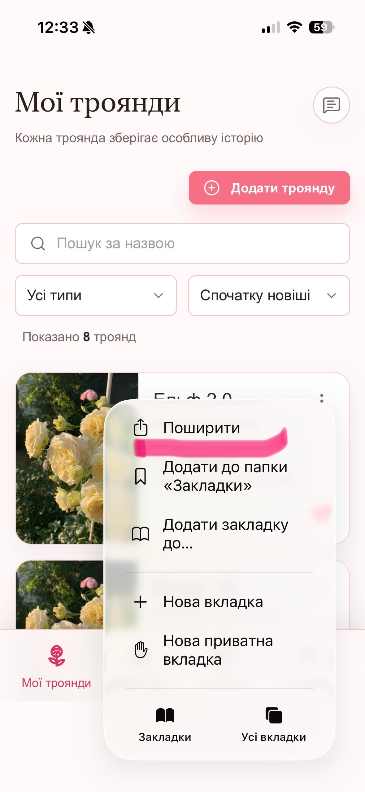 Меню поширення на iPhone з кнопкою для додавання Rosekeeper на головний екран