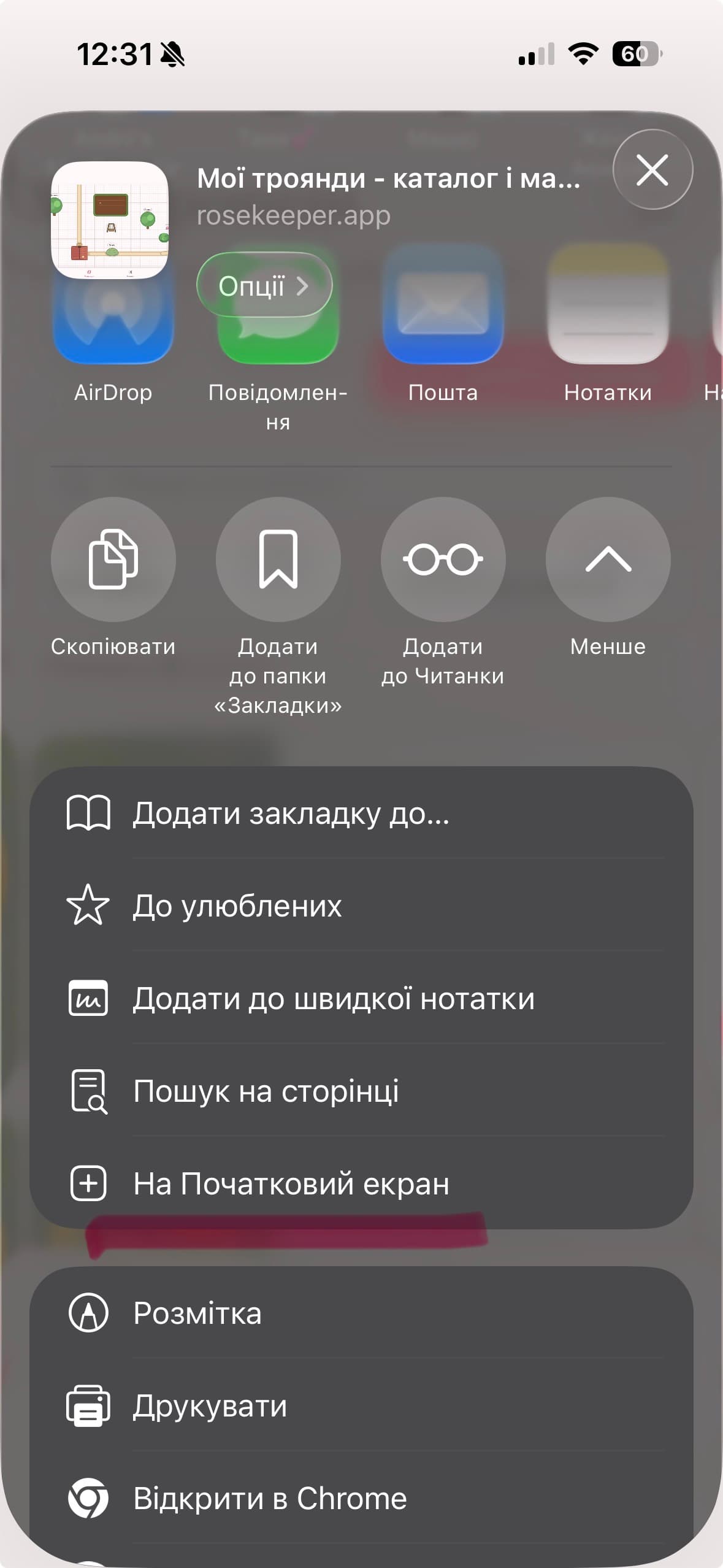 Пункт На початковий екран у меню поширення iPhone