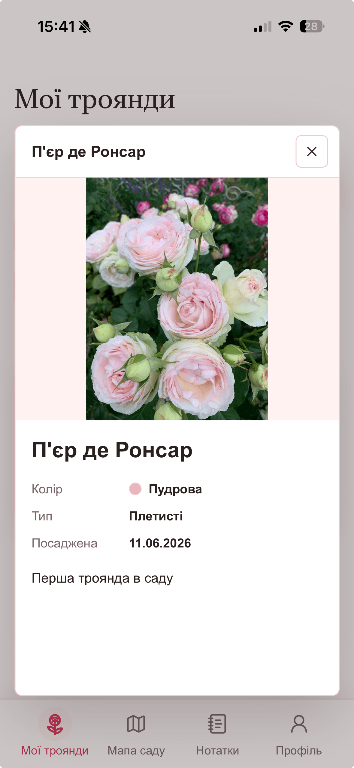 Відкрита картка троянди з фото та деталями в застосунку Rosekeeper